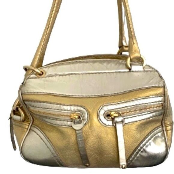 Hogan Metallic Shoulder Bag Tote Gold Silver Leather Satchel Handbag Purse Glam - Picture 1 of 11